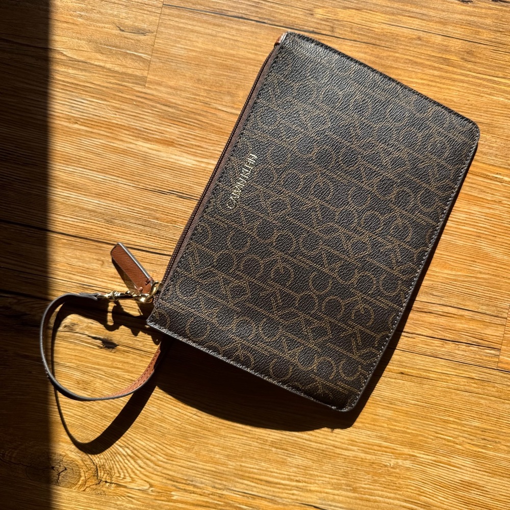 Calvin Klein Monogram Brown Wristlet Clutch with Gold Accent